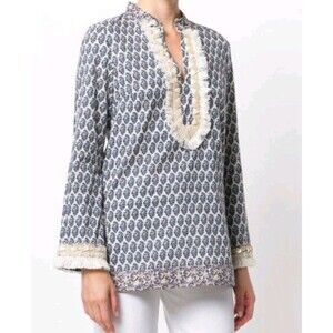 Tori Burch Tunic Top Size 8 Embellished Fringe And Beaded Accents Side Zip